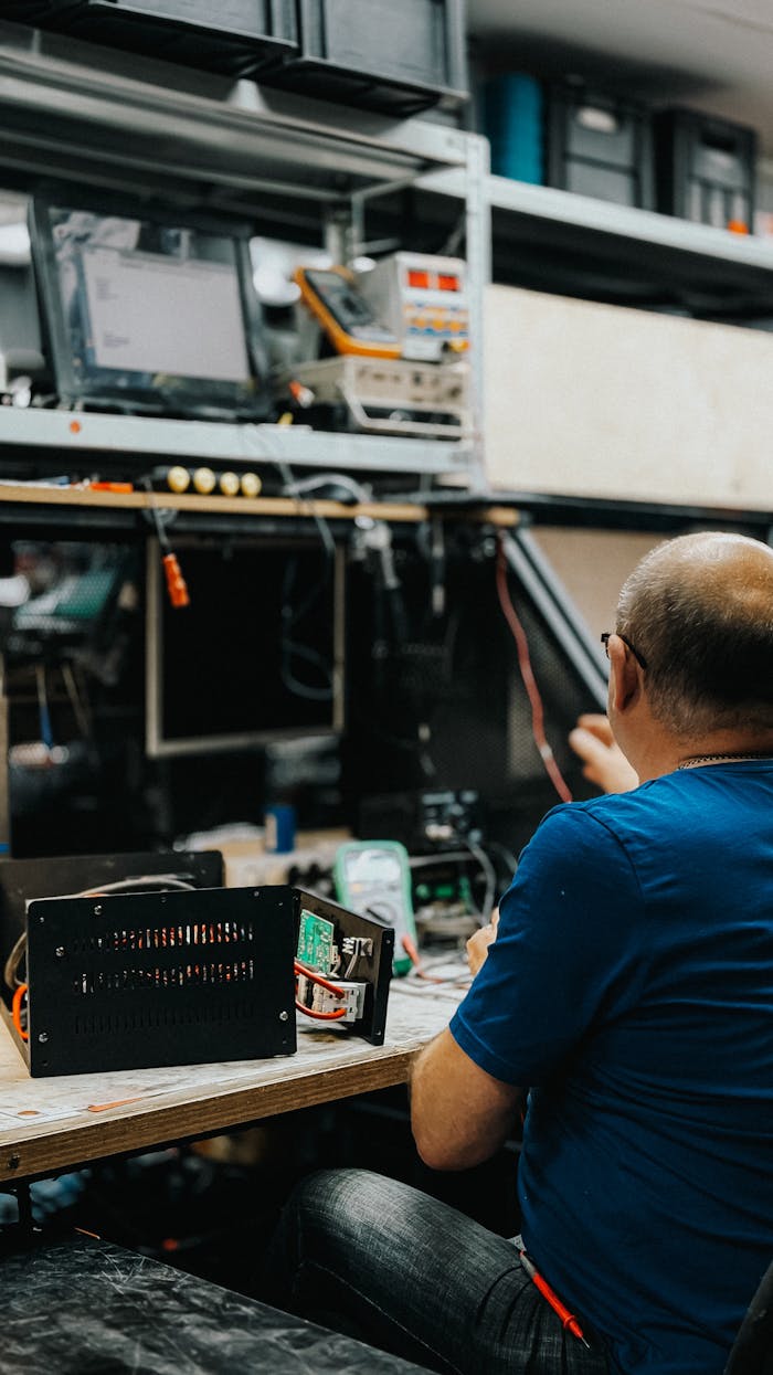 Services Technician working on electronics at a cluttered workbench in a modern workshop.